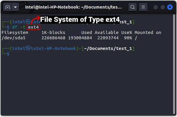 使用 df 命令的 ext4 类型分区的磁盘使用