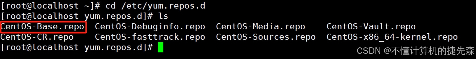 （1）在root用户下输入cd /etc/yum.repos.d命令，输入ls 并展开