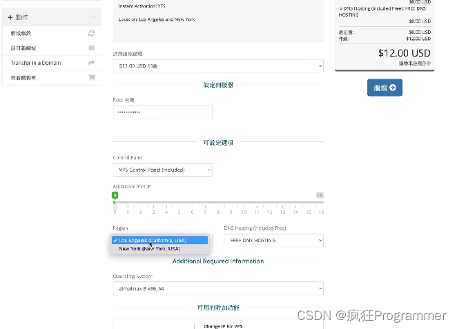 机房选择（这里可以选择纽约和洛杉矶）这里大家就根据自己的需求选择就可以了