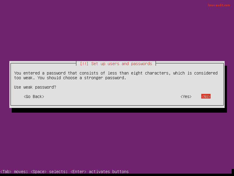Ubuntu 安装过程中显示的弱密码截图
